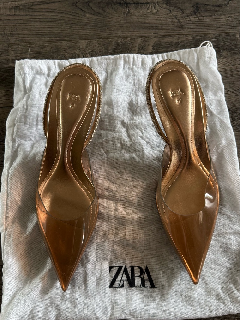 Zara Copper Pointed Clear Slingback Heels